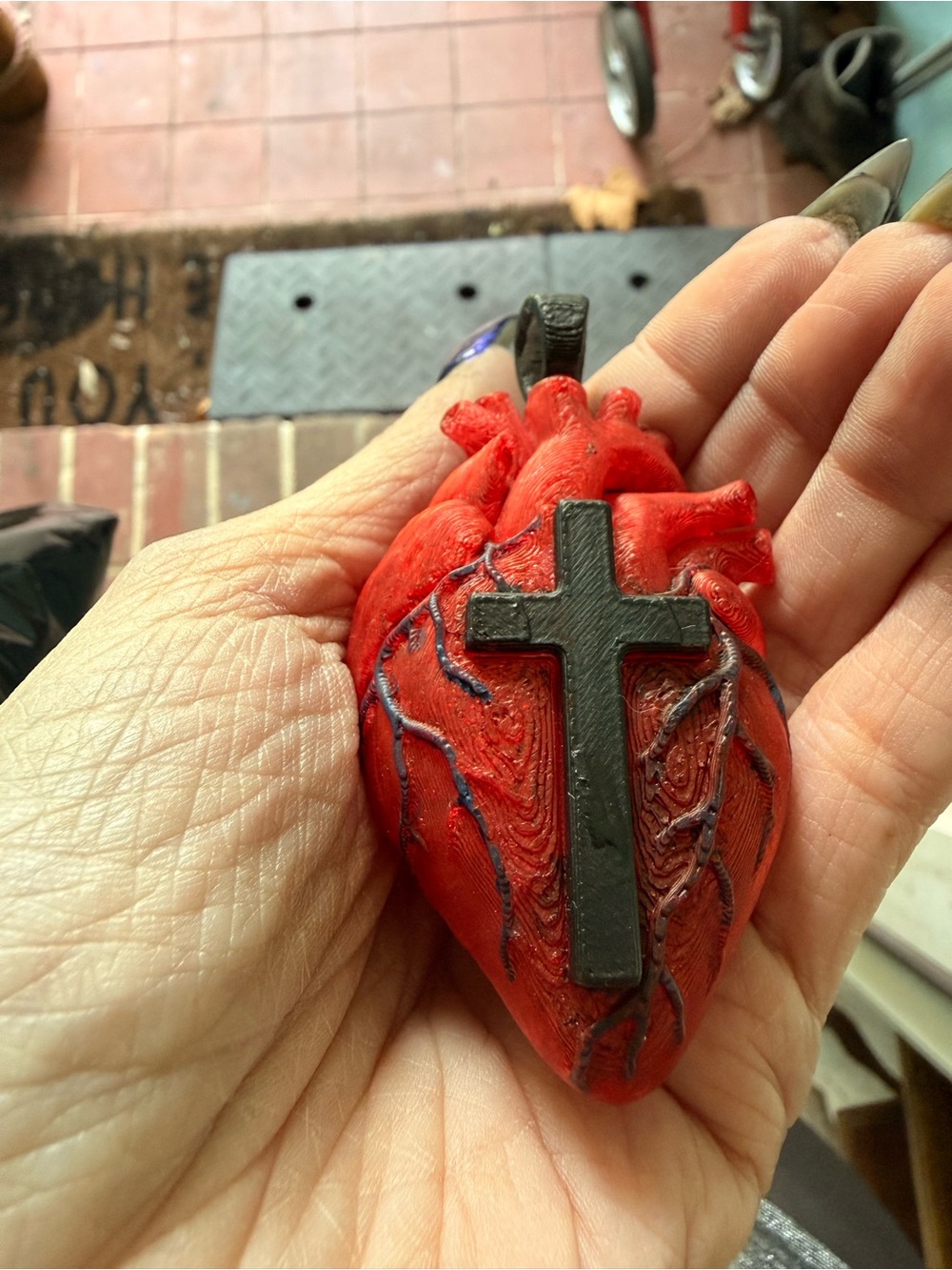 Red Anatomical Heart & Black Cross Pendant – Christian Goth Punk